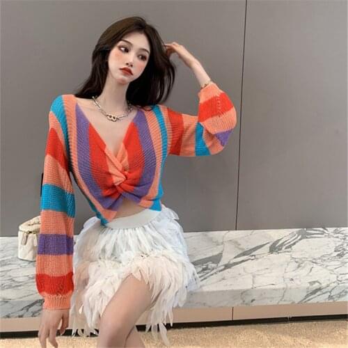 Autumn New Striped Women Sweater Fashion Korean V Neck Long Sleeve Sweater Pullovers Knitted Short Sweater Mujer 2021 YOU863