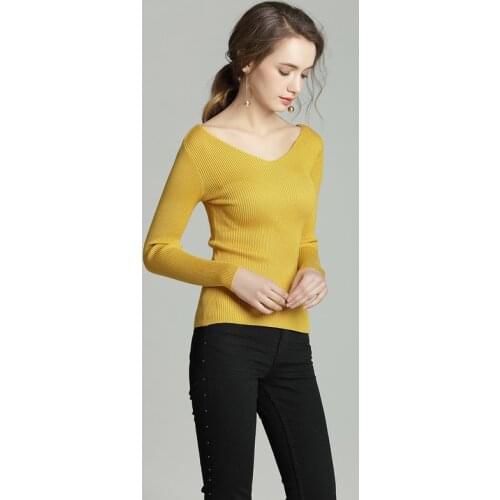 Yellow sweater women knitted sweaters woman oversized long fashion 2019 spring autumn plus large size slim fit v neck