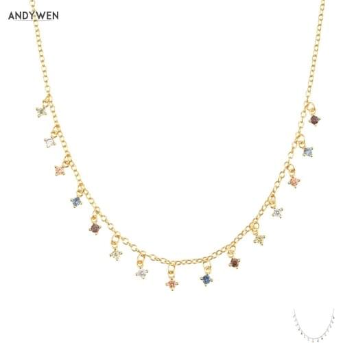 ANDYWEN 925 Sterling Silver Sage Zircon CZ Fox Five Zircon CZ Choker Long Chain Necklace Rainbow Charm Crystal Wedding Jewelry