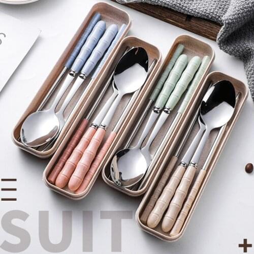 2/3pcs Wheat Straw Stainless Steel Portable Tableware Spoon Fork Chopsticks Set with Storage Box Dessert Fork Kitchen Supplies
