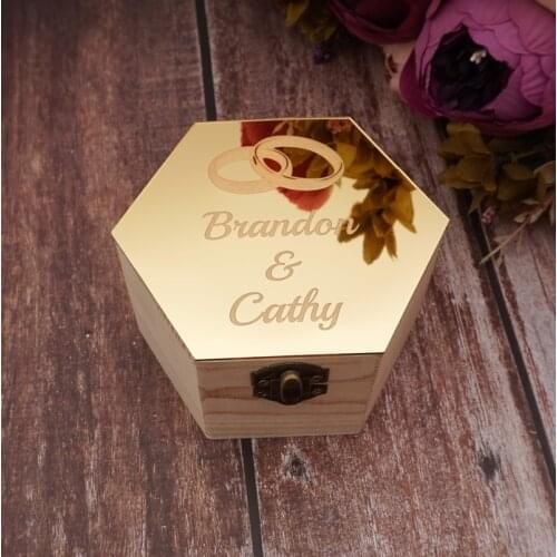 Wedding Party Custom Acrylic Mirror Cover Hexagon Wooden Candy Box Personalized Lovers' Anniversary Box Holder With Buckle