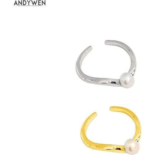 ANDYWEN 925 Sterling Silver Irregular Geometric One Pearl Rock Punk Clips No Piercing Clips Luxury Jewelry Round Jewelry