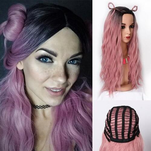 Natifath Pink Long Ombre Water Wavy Wigs Cosplay Party Daily Synthetic Hair Wig for Women High Density Temperature Fibre