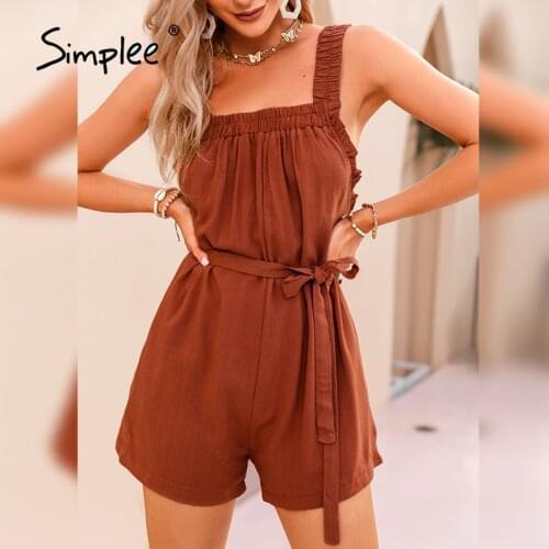Simplee Casual Brick Red Linen Women Romper Summer 2021 Spaghetti Strap Solid Playsuits Fashion Outfits Bodycon Lace-up Romper