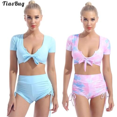 Summer 2Pcs Women Sexy Swimwear U Neck Low Cut Short Sleeve Bowknot Sewed Swimming Top With Boy Shorts Set Beach Bathing Bikini