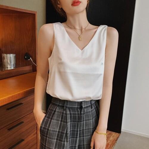 Summer Camisole Spaghetti Strap Top Women Halter V Neck White black Sleeveless Satin Silk Tank Tops WomenS sexy streetwear