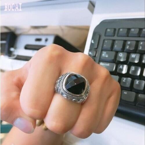 100% real 925 Silver Black Stone Ring New Fashion S925 Sterling Thai Silver Rings for Men Jewelry USA Size 8-12
