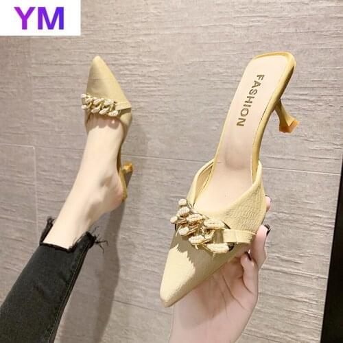 2021 Female Shoes Thin Heels Heeled Mules sandals Casual Glitter Slides Pointed Toe Shallow Med High Luxury Jelly Summer Cover