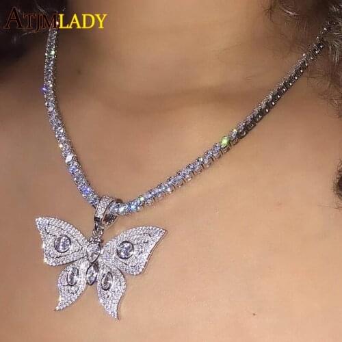 New arrived animal butterfly design 5A cubic zirconia cz hiphop iced out bling 5mm tennis chain butterfly charm women necklace