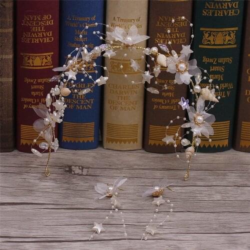 Handmade headgear flower hair ornaments white stars beaded shell hairbands brides earrings sets wedding hair accessories