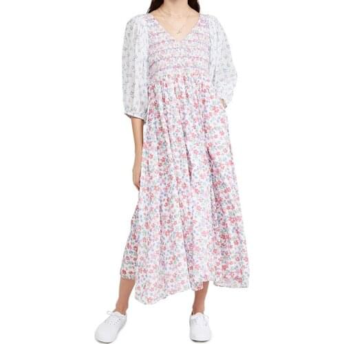 The latest design ladies floral print dress color matching holiday dress lantern sleeve large swing dress