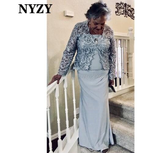 Stretch Jersey 2 Piece Silver Mother of the Bride Groom Dresses with Lace Jacket NYZY M254 Evening Formal Dress 2020