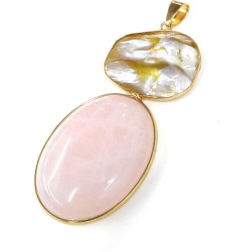 FYJS Unique Light Yellow Gold Color Irregular Shape Shell with Oval Rose Pink Quartz Pendant Gray Agates Jewelry