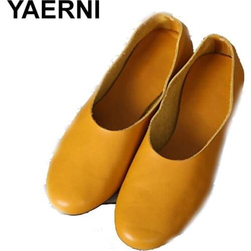 YAERNI (35-42)Woman Shoes Flat Genuine Leather Slip on Ballet Flats Anti-slip Ladies Flat Shoes Female Footwear large size