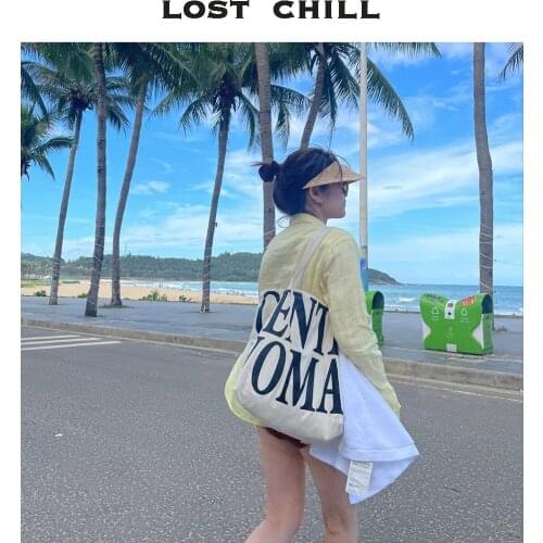 Lost Chill Gentel Woman Letters Print Canvas Bag Ins Summer Shoulder Tote Bag Large Eco Shopping Bag Handbag for Women Girl 2021