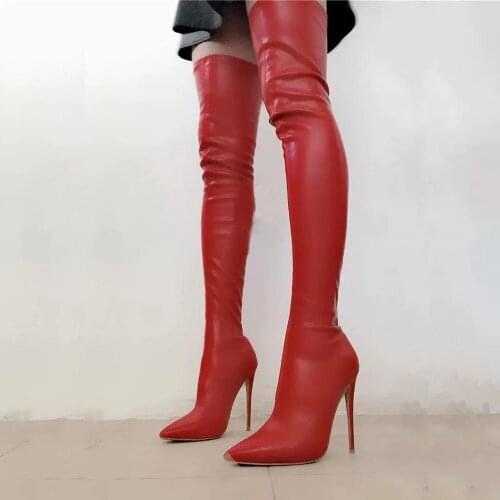 2021 Fashion Womens Shoes Botas Pointed Toe Stilettos Heels Elegant Woman Boots white red thigh High stretch Slim Boots 45 47