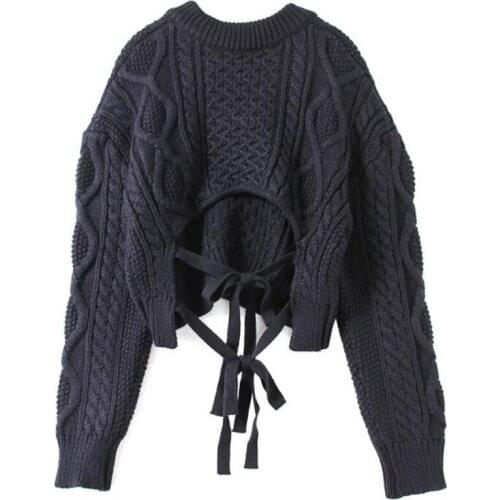 Sexy Irregular Lace Up Sweater Spring Loose Twist Bat Knitted Sleeves Short V-neck Fashion Pullover Strap Thick Knitwear Women
