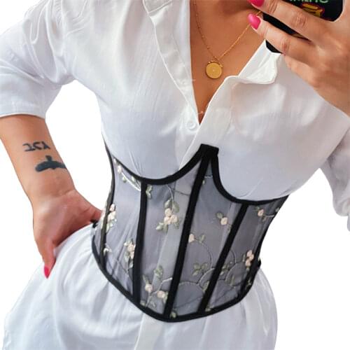 Women Black Corset Girdle Mesh Embroidery Bouquet Waist Summer Slim Strap Waist Seal Girls Fish Bone Shape Cummerbund
