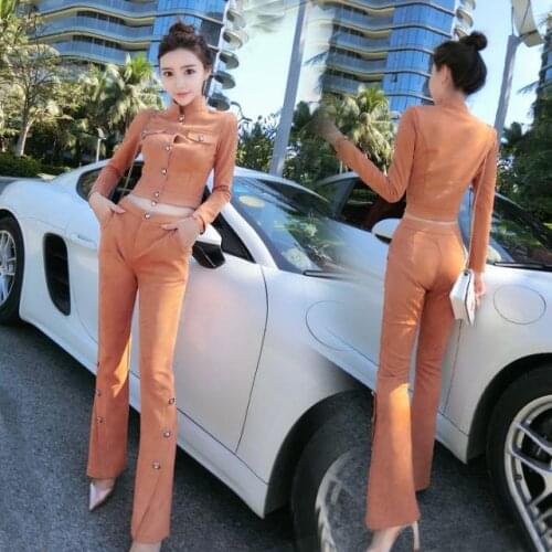 Women New 2021 Spring Autumn Sets Solid Suede Short Jacket Pants Set Female Fashion Casual Coat and Pants Two Piece Suits B233