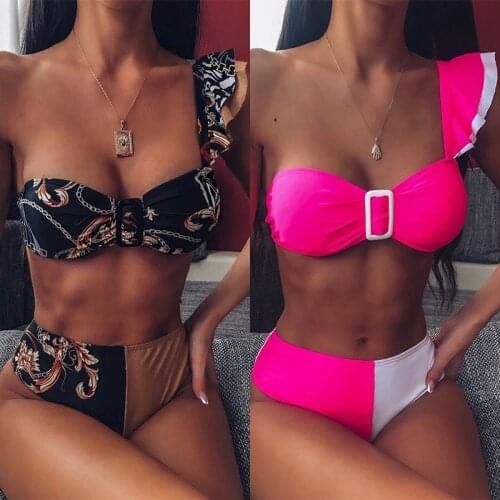New One Shoulder Ruffled Female Swimsuit 2021 High Waist Bikini Women Swimwear 2-piece Bikini set Bather Bathing Suit Swim Lady