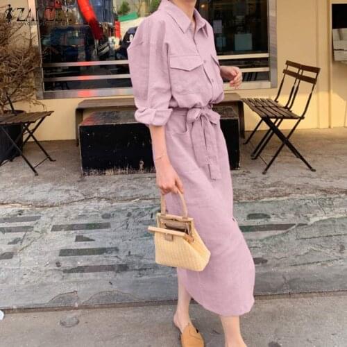 Women Spring Sundress ZANZEA 2021 Elegant Solid Shirt Dress Casual Long Sleeve Midi Vestidos Female Laple Button Robe