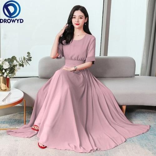 Fashion Round Collar Boho Summer Dress Women Short Sleeve Elegant Midi Long Chiffon Dresses Plus Size Solid Color M-4XL Vestidos