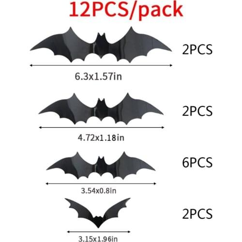 12 PCS Halloween 3D Bats Wall Decorations Ornaments DIY Halloween Party Supplies for Bar Haunted House Theme Hotel 4Size