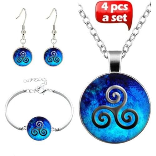 4pcs/Set Handmade Glass Pendant Teen Wolf teen wolf symbol blue Triskele Triskelion Allison Argent Necklaces Bracelet Earrings