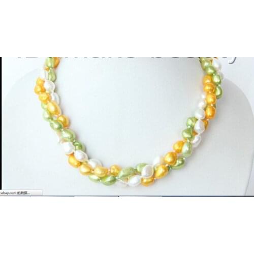 FREE SHIPPING>>> stunning 3strands 11X8mm baroque white green freshwater pearls necklace