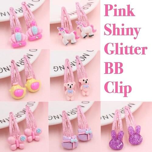 A Pair Shiny Glitter Cartoon BB Clip Bling Bling Princess Unicorn Pink Kitten Crown Hairpin For Little Girls Birthday Gifts