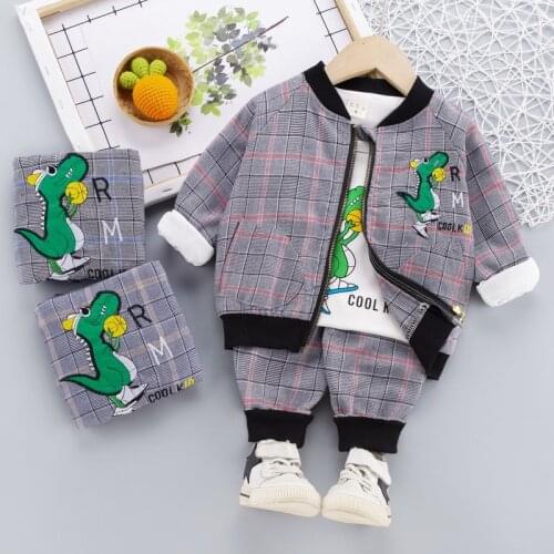2021 Spring and Autumn Kids Boys Girls Sets Fashion Clothes Dinosaur Cartoon Jacket + Cartoon T-shirt + Pants Kids 3Piece Sets