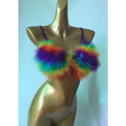 Carnival marabou boa bra in rainbow color for rave event #BRA19006