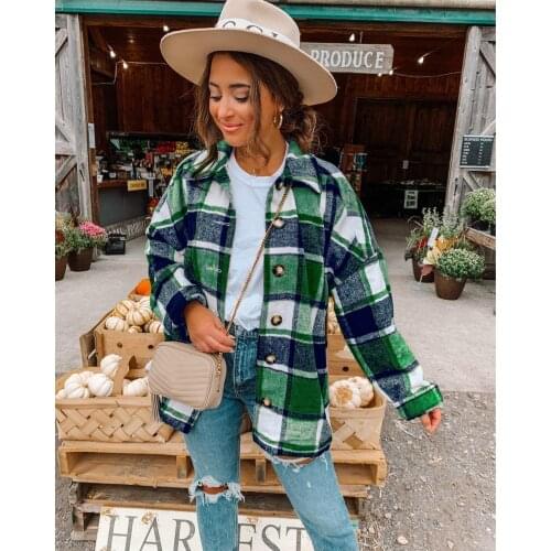 Spring Autumn Vintage Plaid Jacket Coat Women Streetwear Long SLeeve Thick Wool Coats Top Fashion Pocket Oversized Lapel Shirts