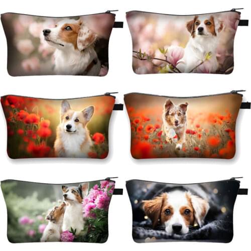 Cute Dog and Flowers Printing Cosmetic Case Women Makeup Bags Ladies Cosmetic Bag Girls Storage Toiletry Bag Small Clutch