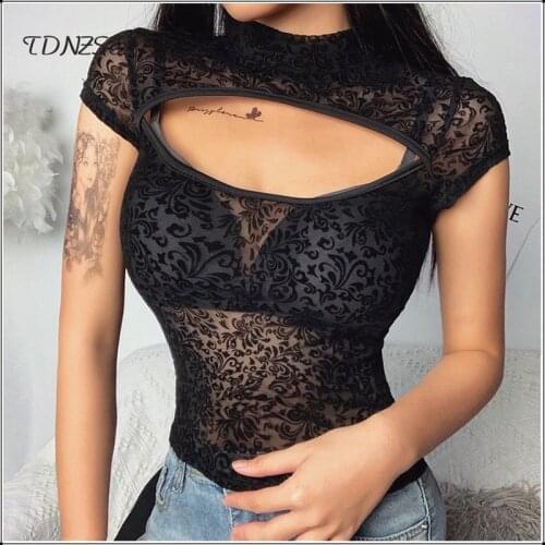 New 2020 Summer Mesh T Shirt Women Black Casual Short Sleeve Undershirt Tops Shirt Hollow Crop Tops Sexy Slim Transparent Tees