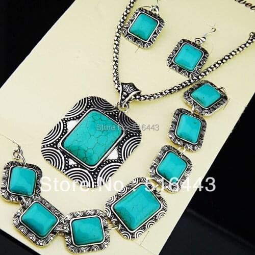 New Arrival 3pcs Vintage Sets Antique Tibet Silver Square Rectangular Natural Stone Earrings Bracelet Necklace Women Jewelry Set