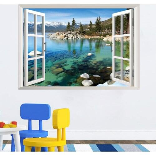 New 3D false window snow mountain landscape wall sticker living room bedroom removable decorative painting