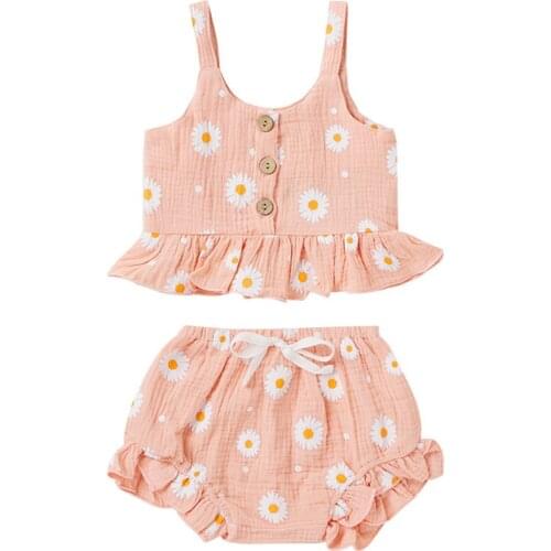 Toddler Newborn Baby Girls Outfits Daisy Flower Print Summer Clothes Cute Strap O Neck Tops Ruffle Shorts Outfit Clothing D30