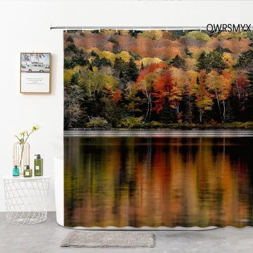 Reflection Of Red Orange Maple Leaves In Water Shower Curtains Hook Autumn Forest Natural Landscape Home Bathroom Decor Curtain