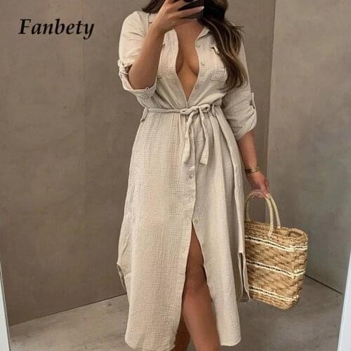 Casual Solid Color Button Lady Shirt Dress Spring Summer Long Sleeve Beach Long Dress Women Elegant Belted Tie-Up Party Dresses