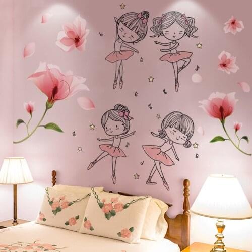 [SHIJUEHEZI] Pink Flowers Wall Stickers DIY Ballet Girl Wall Decals for Living Room Kids Bedroom Kitchen House Decoration