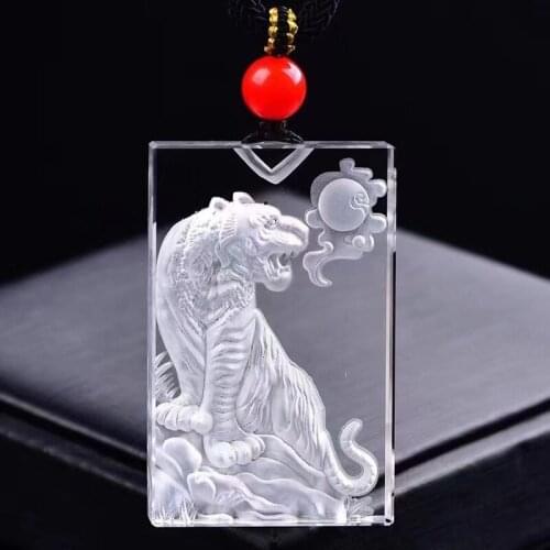 Fine White Natural Crystal Pendant Hand Carved Tiger Pendants Sweater Chain Necklace Lucky for Women Men Animal Crystal Jewelry