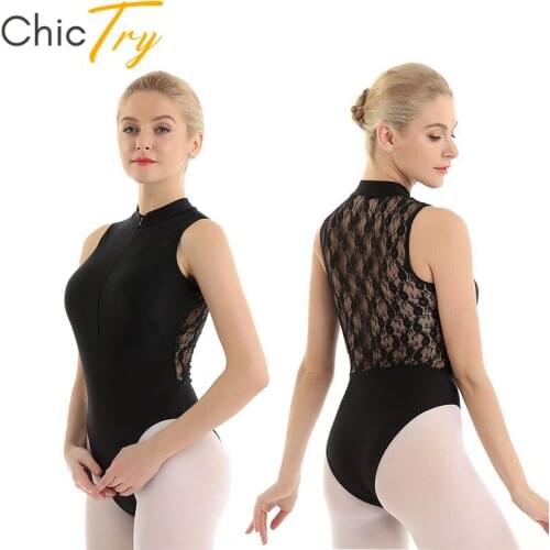 ChicTry Adult Sleeveless High Neck Solid Color Lace Splice Back Dancewear Women Gymnastics Ballet Leotard Dance Costume Bodysuit