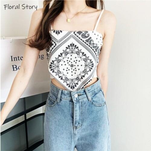 Summer Vintage Scarf Crop Tops Women Sexy Boho Paisley Print Sleeveless Cami Crop Top 90s Girl Street Style Spaghetti Camisole