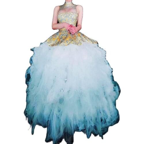 Party Dress For Women Mesh Gauze Ball Gown Dress Rhinestones Backless Floor-Length Dance Wear Performance Suit Nightclub Costume