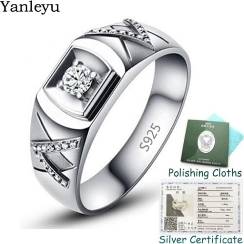Yanleyu Real 925 Sterling Silver Wedding Rings for Men and Women Round Cubic Zirconia Fine Jewelry Engagement Finger Ring PR381