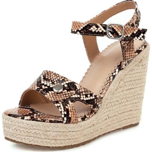 YQBTDL 2020 Punk Snakeskin Style Brown Black Womens Sandals Hemp Weave Wedges Shoes for Women Summer Buckle Sandal Plus Size
