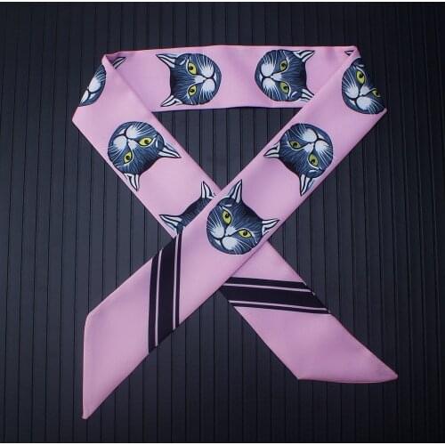 Fashion Euro Black Cat LinePrint Twill Silk Scarf Women Striped Headband Handle Bag Ribbon Luxury Brand Summer Small Scarves