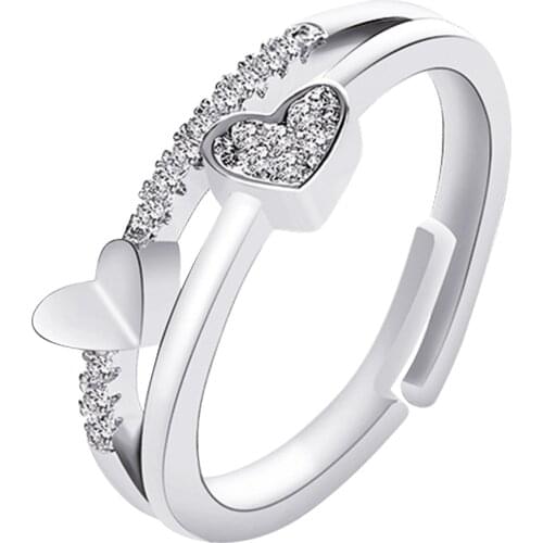 2021 Fashion Love Heart Crystal Double Layer Womens Opening Ring For Engagement Party Wedding Jewelry Adjustable Accessories