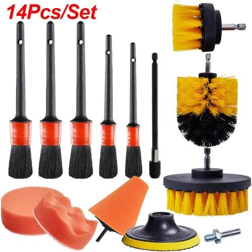 14Pcs Power Scrubber Drill Brush Detailing Brush Set Car Wheel Rim Brushes Car Polishing Pad Buffing Sponge Auto Cleaning Tools